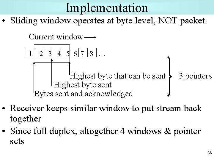 Implementation • Sliding window operates at byte level, NOT packet Current window 1 2