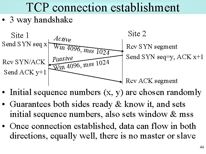 TCP connection establishment • 3 way handshake Site 2 Site 1 Active Send SYN