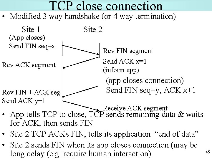 TCP close connection • Modified 3 way handshake (or 4 way termination) Site 1