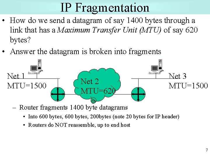 IP Fragmentation • How do we send a datagram of say 1400 bytes through
