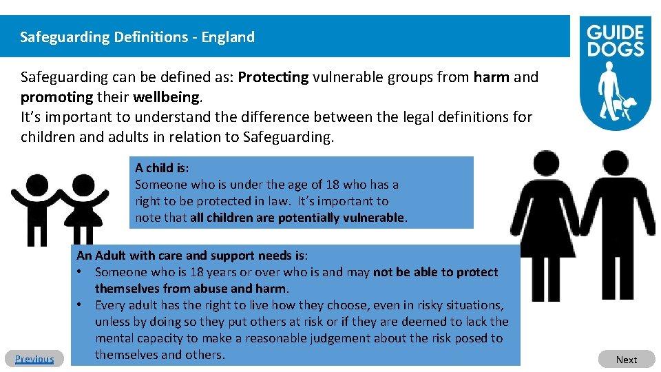 Safeguarding Definitions - England Safeguarding can be defined as: Protecting vulnerable groups from harm