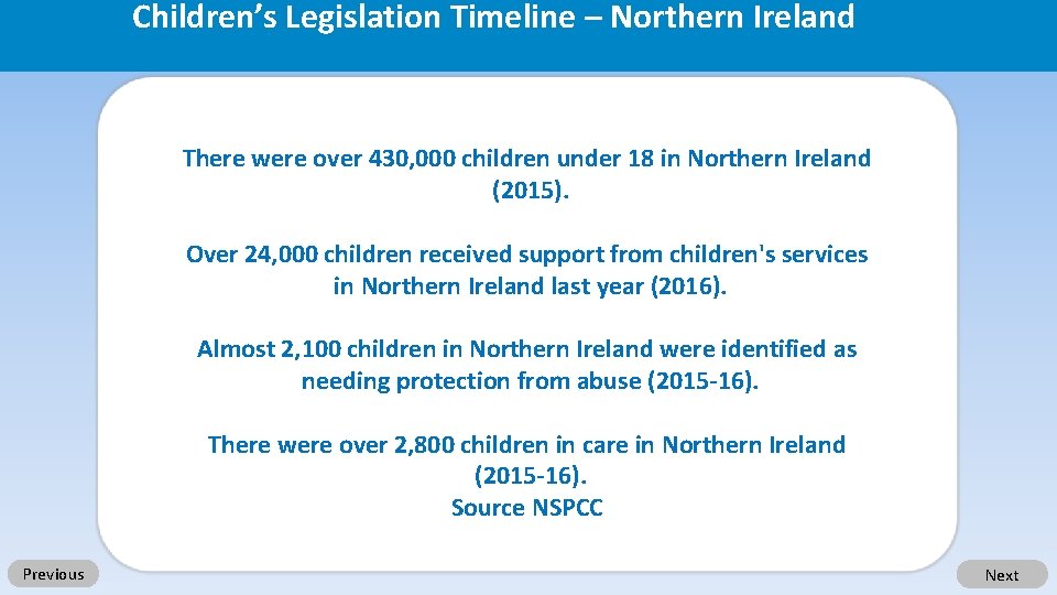 Children’s Legislation Timeline – Northern Ireland There were over 430, 000 children under 18