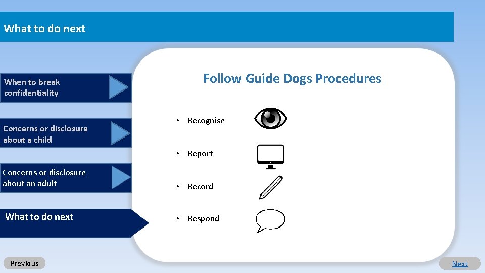 What to do next When to break confidentiality Concerns or disclosure about a child