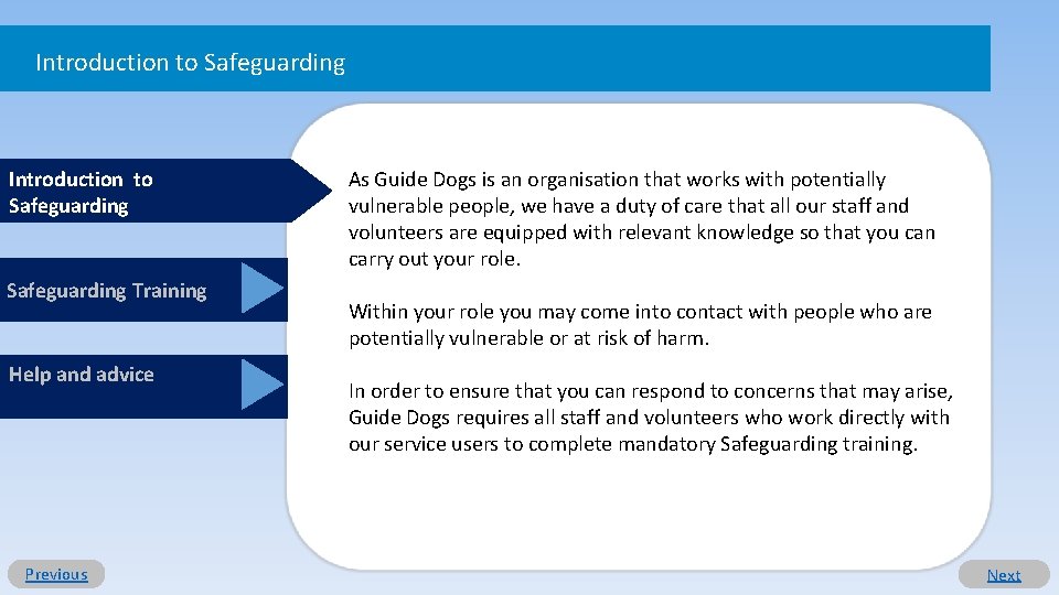 Introduction to Safeguarding Training Help and advice Previous As Guide Dogs is an organisation