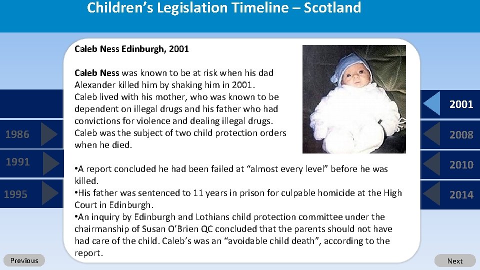 Children’s Legislation Timeline – Scotland Caleb Ness Edinburgh, 2001 1986 1991 1995 Previous Caleb