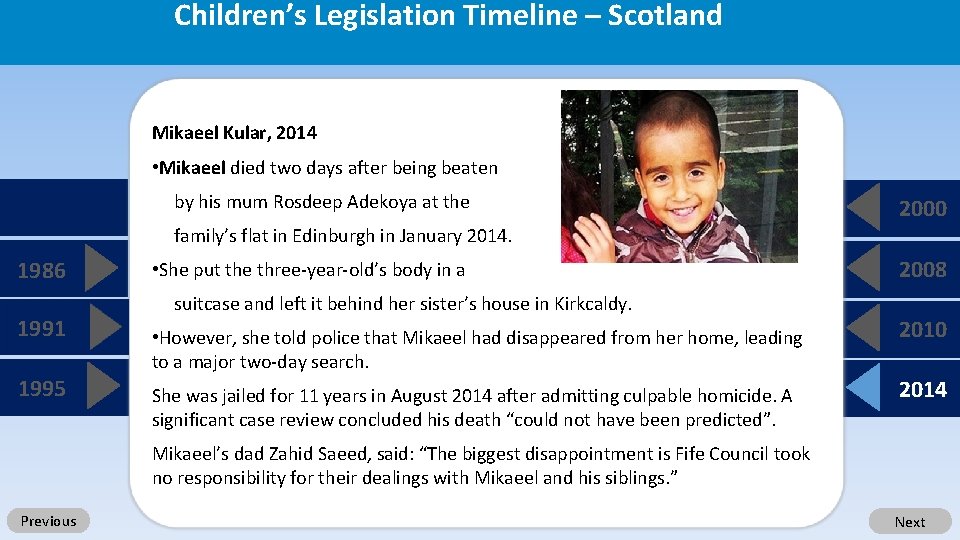 Children’s Legislation Timeline – Scotland Mikaeel Kular, 2014 • Mikaeel died two days after