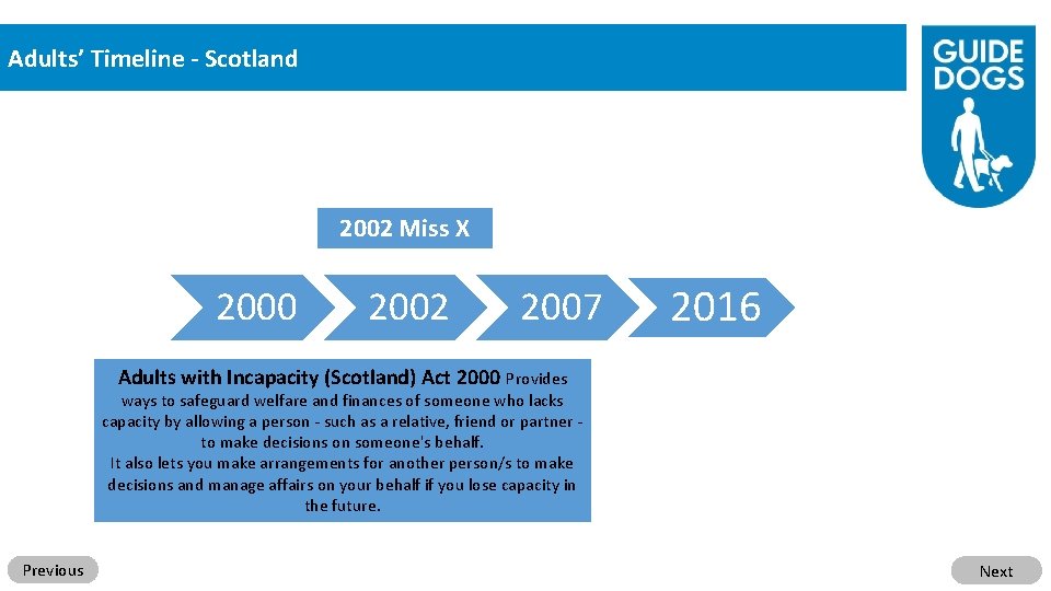 Adults’ Timeline - Scotland 2002 Miss X 2000 2002 2007 2016 Adults with Incapacity