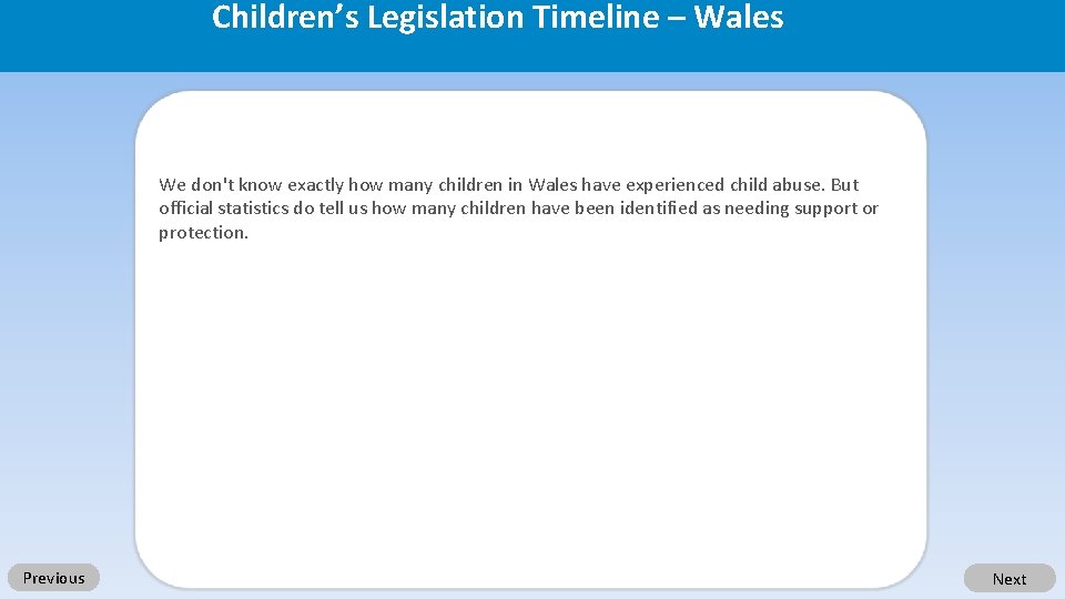 Children’s Legislation Timeline – Wales We don't know exactly how many children in Wales