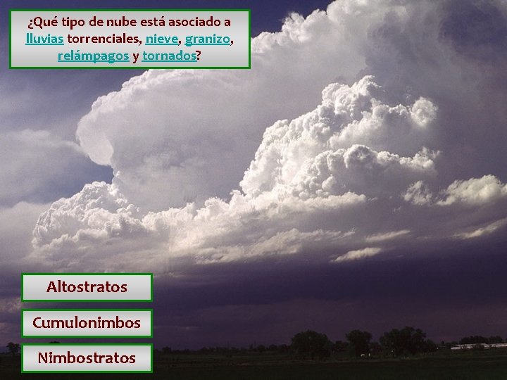 ¿Qué tipo de nube está asociado a lluvias torrenciales, nieve, granizo, relámpagos y tornados? ¿Qué tipo de nube está asociado a lluvias torrenciales, nieve, granizo, relámpagos y tornados?
