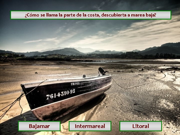 ¿Cómo se llama la parte de la costa, descubierta a marea baja? Bajamar Intermareal ¿Cómo se llama la parte de la costa, descubierta a marea baja? Bajamar Intermareal