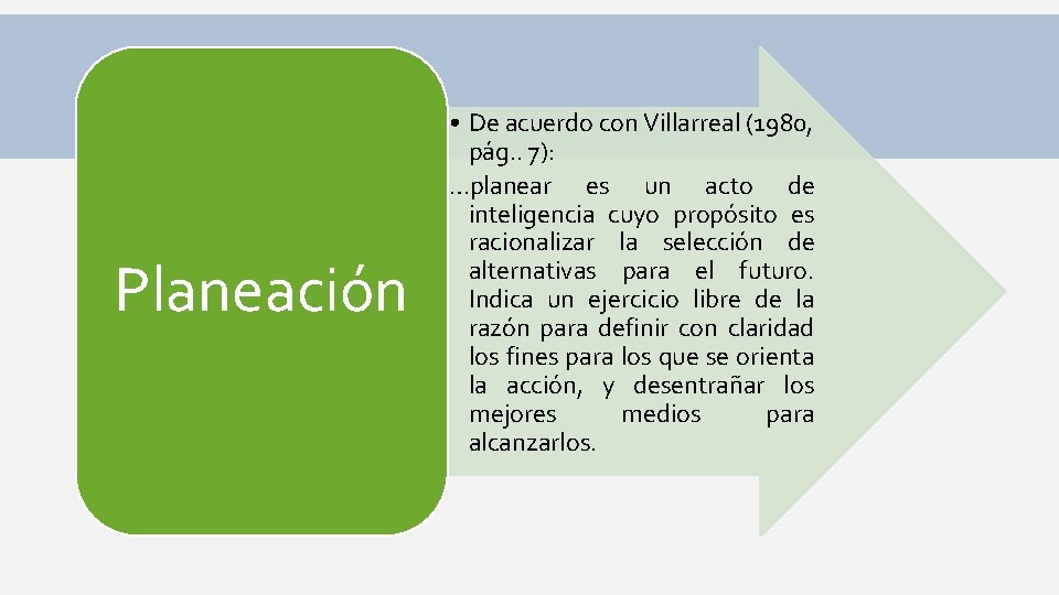 Planeación • De acuerdo con Villarreal (1980, pág. . 7): …planear es un acto Planeación • De acuerdo con Villarreal (1980, pág. . 7): …planear es un acto