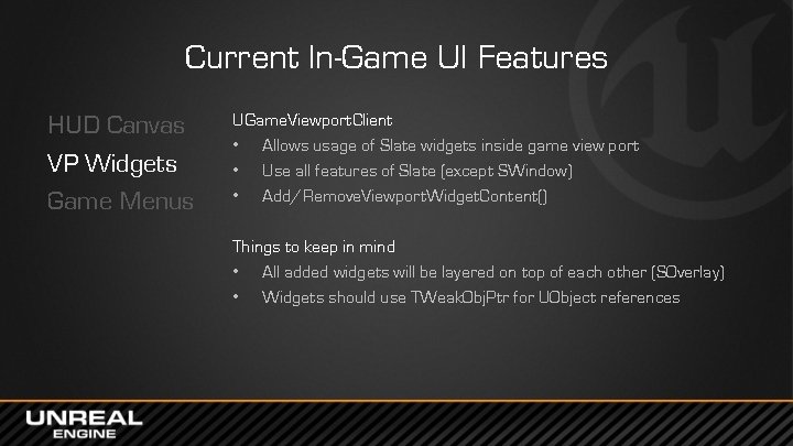 Current In-Game UI Features HUD Canvas VP Widgets Game Menus UGame. Viewport. Client •