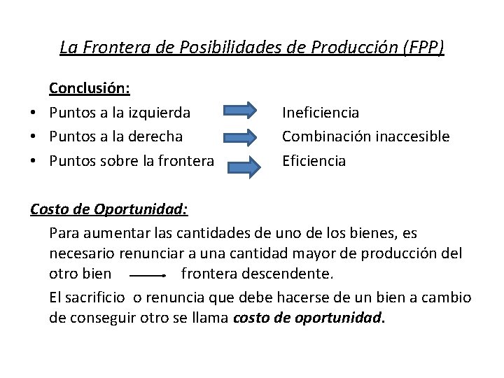 La Frontera de Posibilidades de Producción (FPP) Conclusión: • Puntos a la izquierda •