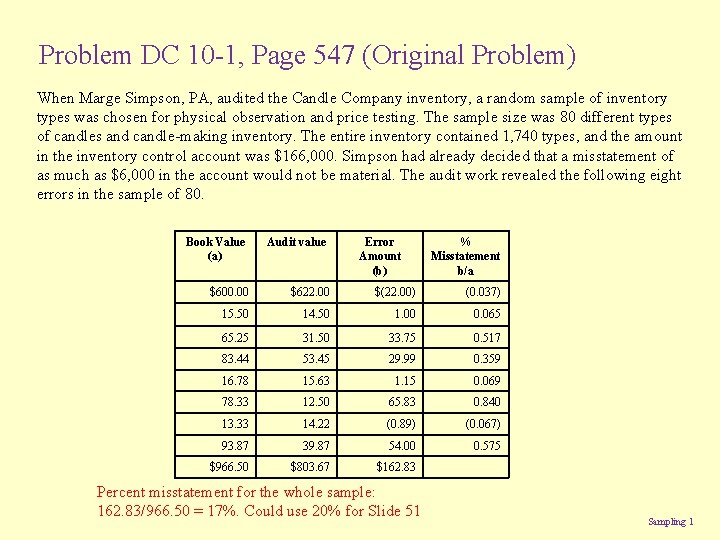 Problem DC 10 -1, Page 547 (Original Problem) When Marge Simpson, PA, audited the
