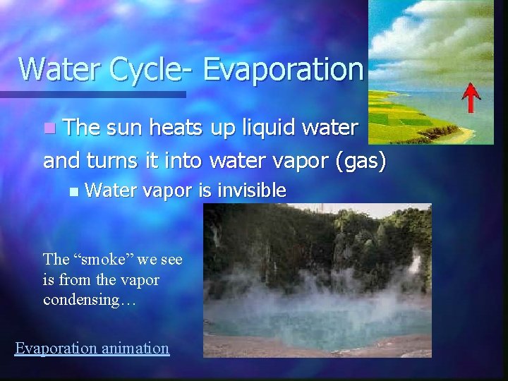 Water Cycle- Evaporation n The sun heats up liquid water and turns it into