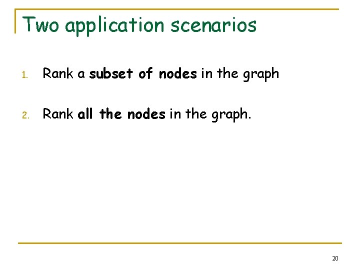 Two application scenarios 1. Rank a subset of nodes in the graph 2. Rank