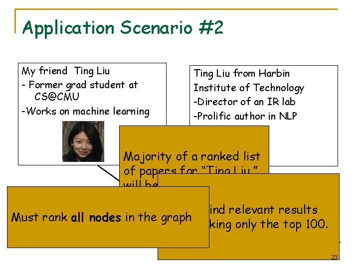 Application Scenario #2 My friend Ting Liu - Former grad student at CS@CMU -Works
