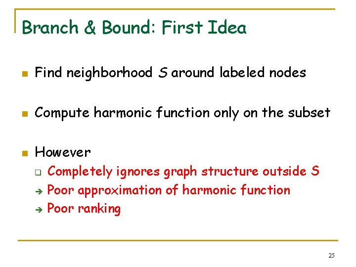 Branch & Bound: First Idea n Find neighborhood S around labeled nodes n Compute
