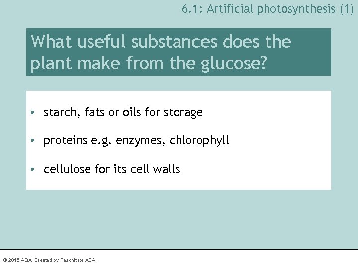 6. 1: Artificial photosynthesis (1) What useful substances does the plant make from the