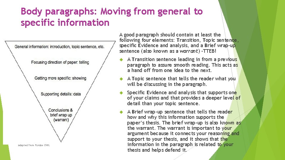 Body paragraphs: Moving from general to specific information A good paragraph should contain at