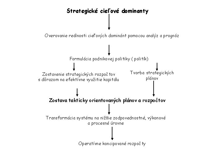 Strategické cieľové dominanty Overovanie reálnosti cieľových dominánt pomocou analýz a prognóz Formulácia podnikovej politiky