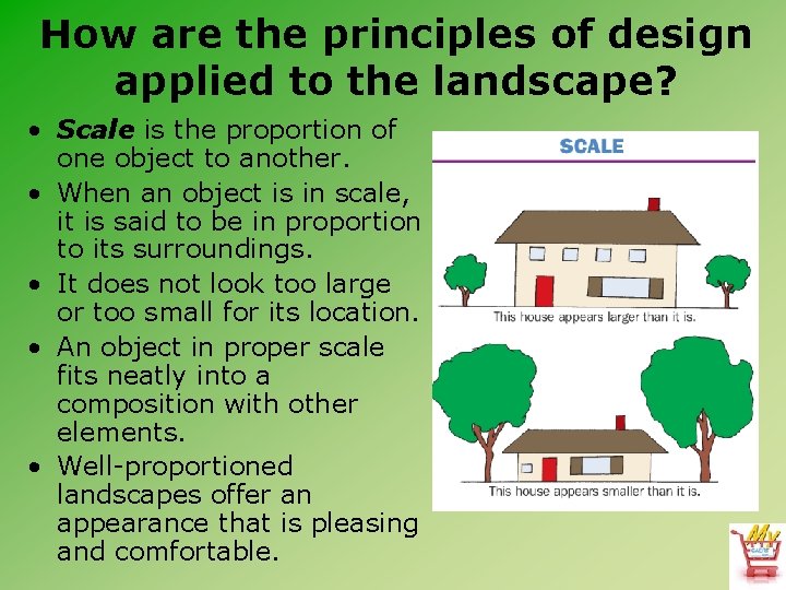 How are the principles of design applied to the landscape? • Scale is the