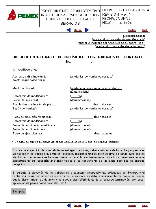 PROCEDIMIENTO ADMINISTRATIVO INSTITUCIONAL PARA RECEPCIÓN CONTRACTUAL DE OBRAS O SERVICIOS CLAVE: 800 -18000 -PA-OP-34