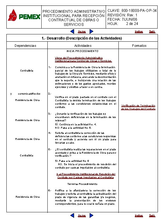 PROCEDIMIENTO ADMINISTRATIVO INSTITUCIONAL PARA RECEPCIÓN CONTRACTUAL DE OBRAS O SERVICIOS CLAVE: 800 -18000 -PA-OP-34