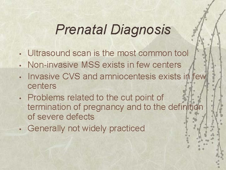 Prenatal Diagnosis • • • Ultrasound scan is the most common tool Non-invasive MSS
