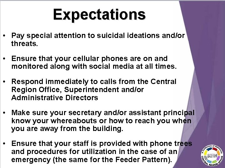 Expectations • Pay special attention to suicidal ideations and/or threats. • Ensure that your Expectations • Pay special attention to suicidal ideations and/or threats. • Ensure that your