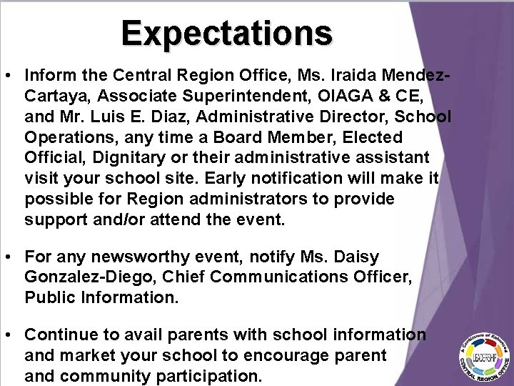 Expectations • Inform the Central Region Office, Ms. Iraida Mendez. Cartaya, Associate Superintendent, OIAGA Expectations • Inform the Central Region Office, Ms. Iraida Mendez. Cartaya, Associate Superintendent, OIAGA
