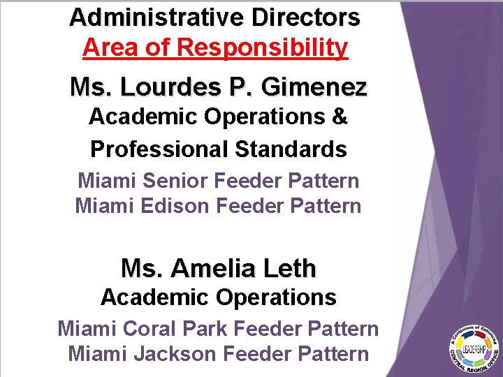 Administrative Directors Area of Responsibility Ms. Lourdes P. Gimenez Academic Operations & Professional Standards Administrative Directors Area of Responsibility Ms. Lourdes P. Gimenez Academic Operations & Professional Standards