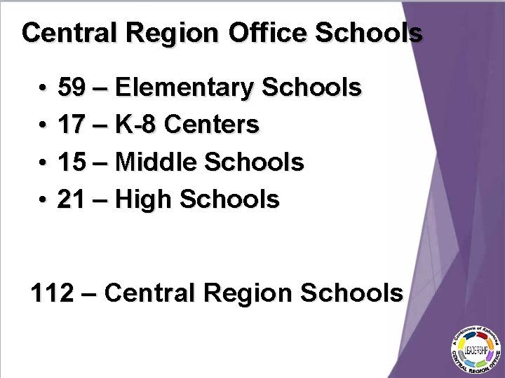 Central Region Office Schools • • 59 – Elementary Schools 17 – K-8 Centers Central Region Office Schools • • 59 – Elementary Schools 17 – K-8 Centers