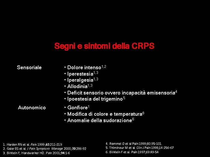 Segni e sintomi della CRPS Sensoriale • Dolore intenso 1, 2 • Iperestesia 1, Segni e sintomi della CRPS Sensoriale • Dolore intenso 1, 2 • Iperestesia 1,