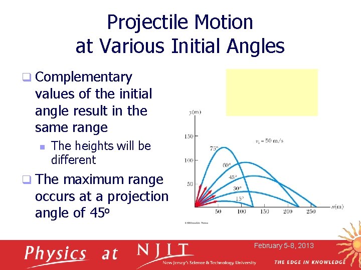 Projectile Motion at Various Initial Angles q Complementary values of the initial angle result