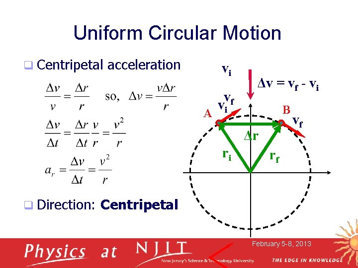 Uniform Circular Motion q Centripetal acceleration vi A vf vi Δv = vf -