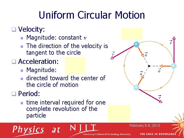 Uniform Circular Motion q Velocity: n Magnitude: constant v n The direction of the Uniform Circular Motion q Velocity: n Magnitude: constant v n The direction of the