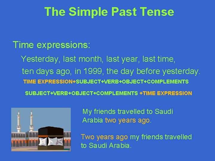 The Simple Past Tense Time expressions: Yesterday, last month, last year, last time, ten