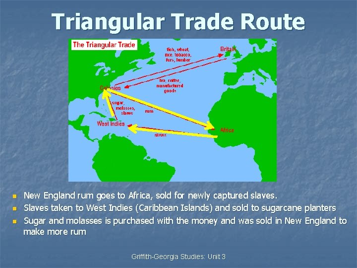 Triangular Trade Route n n n New England rum goes to Africa, sold for