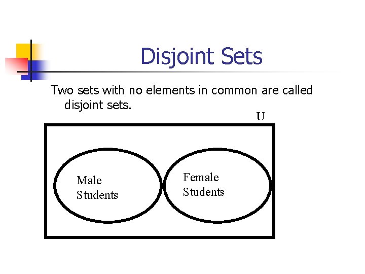 Disjoint Sets Two sets with no elements in common are called disjoint sets. U