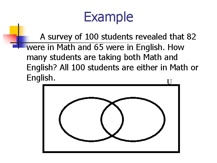 Example A survey of 100 students revealed that 82 were in Math and 65