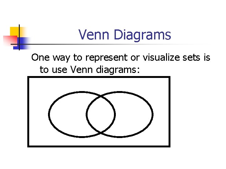 Venn Diagrams One way to represent or visualize sets is to use Venn diagrams: