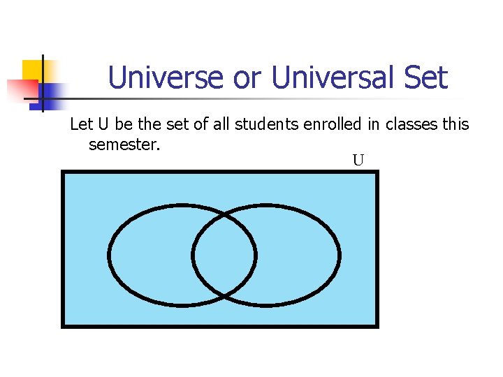 Universe or Universal Set Let U be the set of all students enrolled in