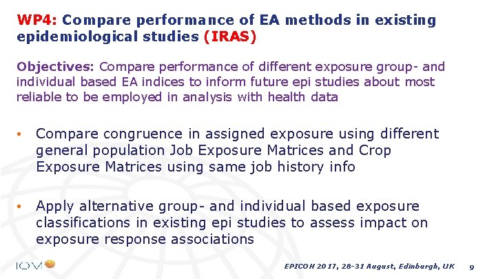 WP 4: Compare performance of EA methods in existing epidemiological studies (IRAS) Objectives: Compare WP 4: Compare performance of EA methods in existing epidemiological studies (IRAS) Objectives: Compare