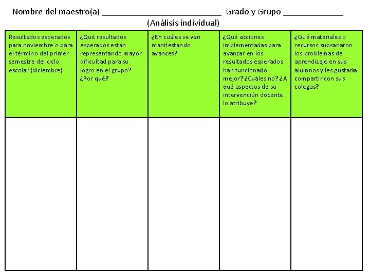 Nombre del maestro(a) _____________ Grado y Grupo _______ (Análisis individual) Resultados esperados para noviembre