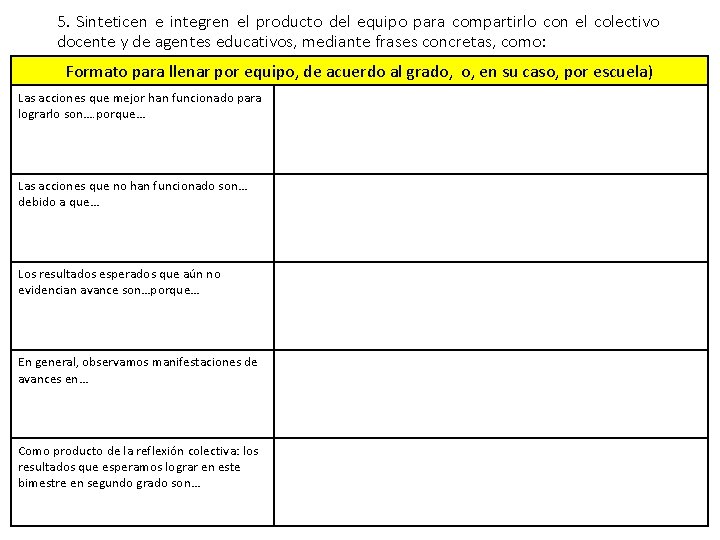 5. Sinteticen e integren el producto del equipo para compartirlo con el colectivo docente