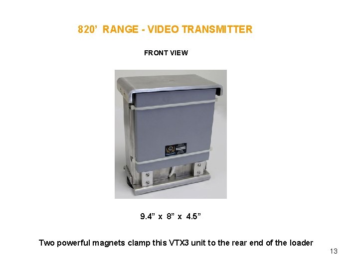 820’ RANGE - VIDEO TRANSMITTER FRONT VIEW 9. 4” x 8” x 4. 5”