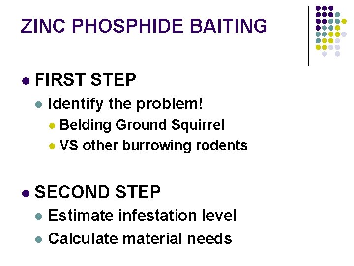 ZINC PHOSPHIDE BAITING l FIRST STEP l Identify the problem! Belding Ground Squirrel l