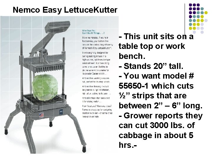 Nemco Easy Lettuce. Kutter - This unit sits on a table top or work
