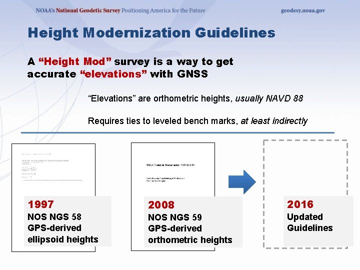 Height Modernization Guidelines A “Height Mod” survey is a way to get accurate “elevations” Height Modernization Guidelines A “Height Mod” survey is a way to get accurate “elevations”